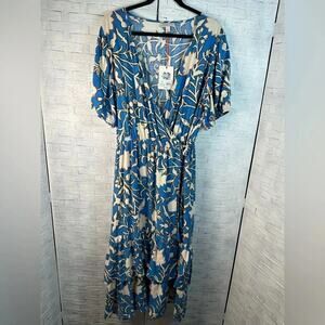 Knox Rose womens Dress True Wrap Bold Floral Midi ruffle bohemian plus Size